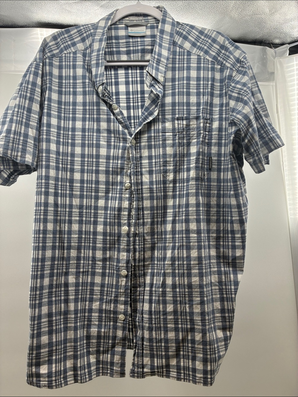 Columbia Blue and White Plaid Short-Sleeve Button-Down Shirt